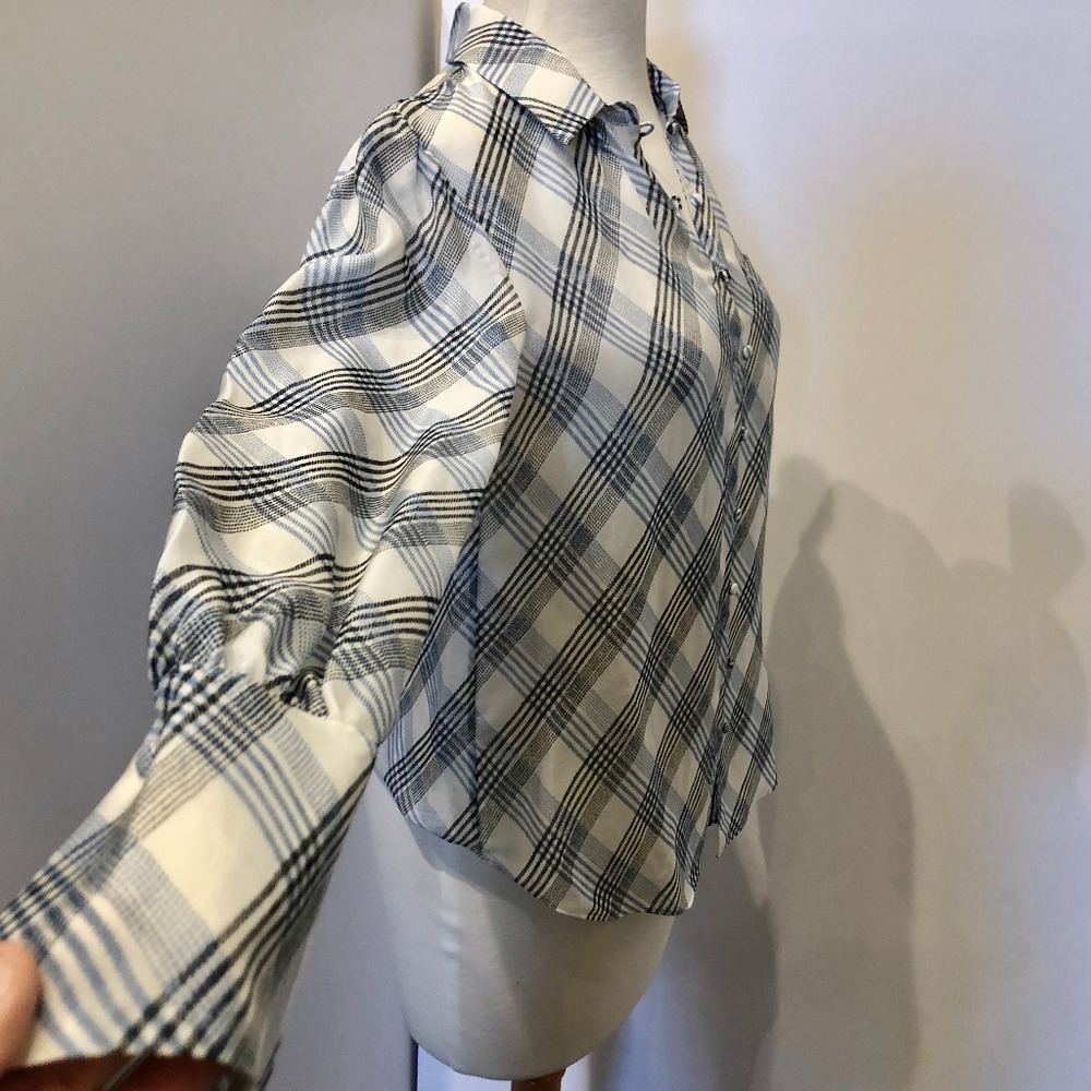 Joie Blue White Plaid Malcah Semi-sheer Silk Top - Picture 5 of 13